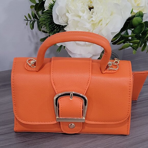 Trendy Orange Handbag Retro Style Buckle Purse w/ Detachable Mini Coin Wallet - Picture 3 of 9